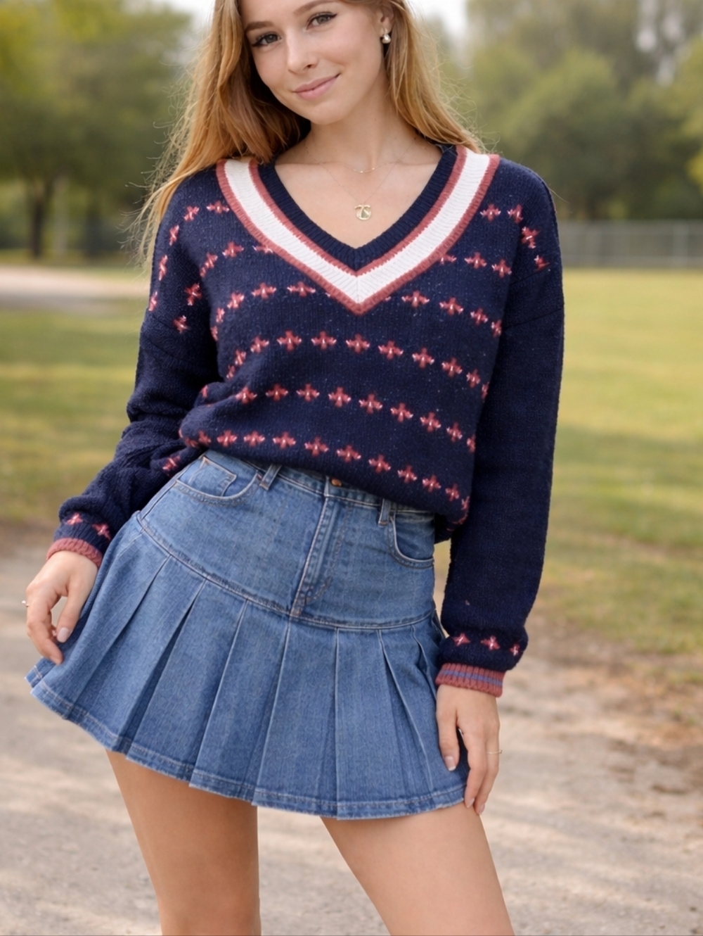 Vtg 80's ID Sport Preppy Varsity Navy & Pink  Oversized Sweater Long Sleeve Sz S